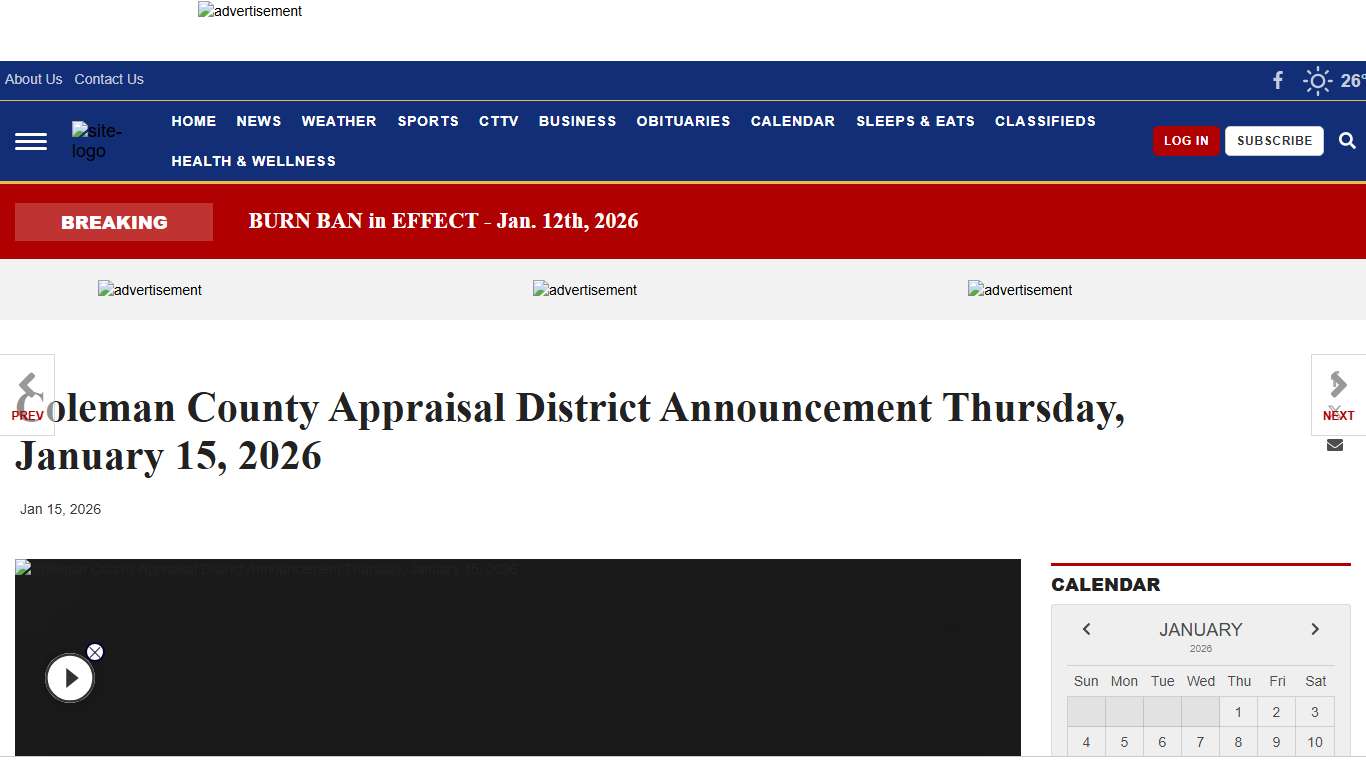 Coleman County Appraisal District Announcement Thursday, January 15, 2026 Business colemantoday.com